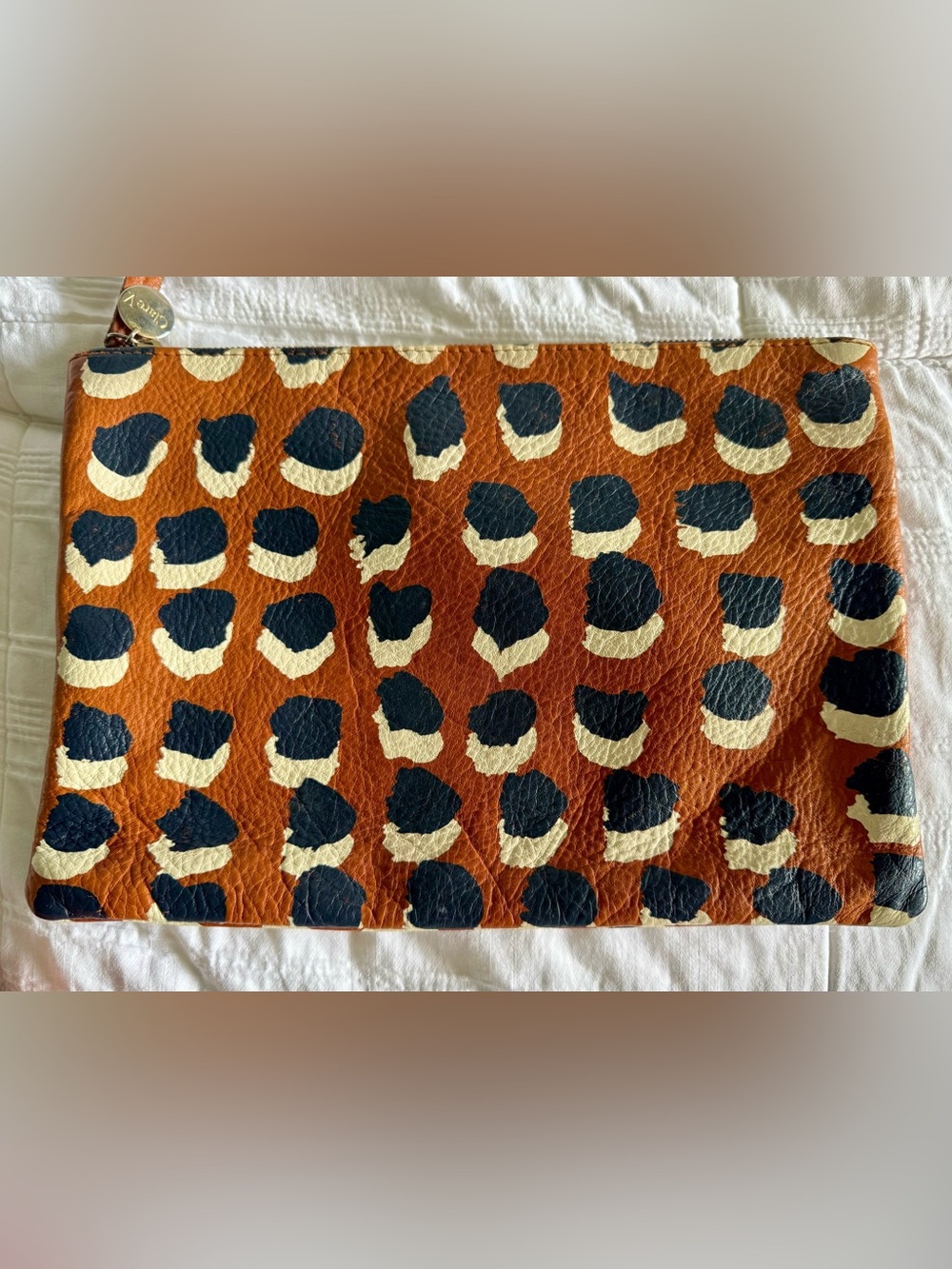 Clare V Brown Leopard Print Leather Pouch with Black and Cream Spots